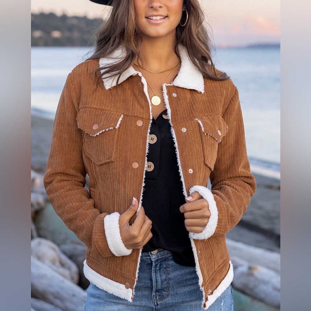 Grace & Lace Brown Corduroy Y2K Inspired Teddy Jacket with Cream Lining